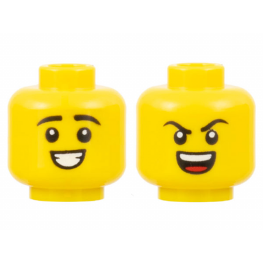 yellow minifigure head dual sided black eyebrows smile with teeth angry with teeth and tongue pattern