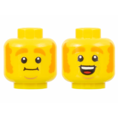 yellow minifigure head dual sided orange thick eyebrows and mutton chops medium nougat chin dimple neutral open mouth smile with top teeth and red tongue pattern