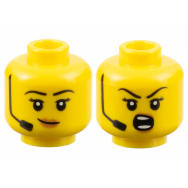 yellow minifigure head dual sided female black eyebrows and headset medium nougat lips lopsided grin shouting pattern