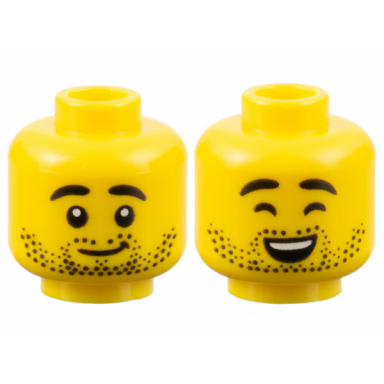 yellow minifigure head dual sided black eyebrows and stubble grin closed eyes open mouth smile with top teeth pattern