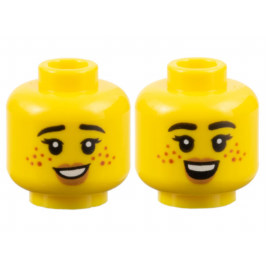 yellow minifigure head dual sided female black eyebrows eyelashes dark orange freckles medium nougat lips open mouth smile with teeth top teeth pattern
