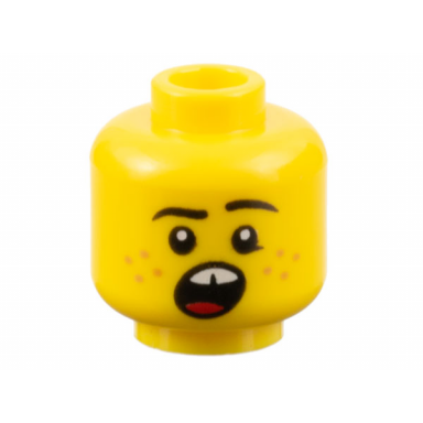 yellow minifigure head black eyebrows medium nougat freckles open mouth with gap in teeth red tongue pattern