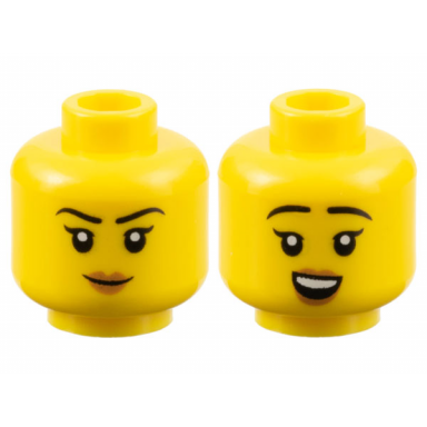 yellow minifigure head dual sided female black eyebrows medium nougat lips neutral open mouth smile with top teeth pattern