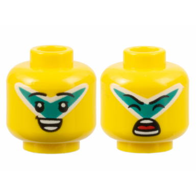 yellow minifigure head dual sided black eyebrows dark turquoise and white v facepaint open smile singing with closed eyes pattern