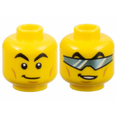 yellow minifigure head dual sided black arched eyebrows cheek lines and chin dimple lopsided grin metallic light blue glasses visor pattern