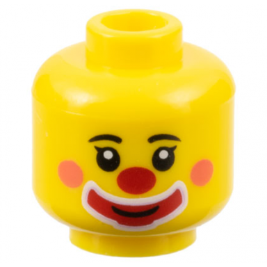 yellow minifigure head clown black eyebrows coral cheeks red nose and large mouth makeup pattern bam