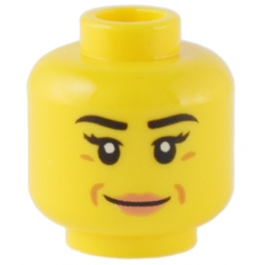 yellow minifigure head female black eyebrows eyelashes medium nougat dimples nougat lips grin pattern