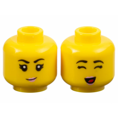 yellow minifigure head dual sided female black eyebrows bright pink lips small grin closed eyes and open mouth with red tongue pattern
