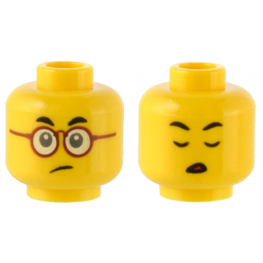 yellow minifigure head dual sided small black eyebrows dark red glasses sad eyes closed pattern