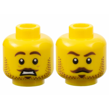 yellow minifigure head dual sided male dark brown eyebrows moustache soul patch and beard stubble worried open mouth with teeth stern pattern