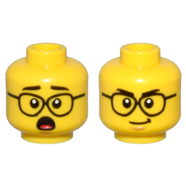yellow minifigure head dual sided black eyebrows glasses and open mouth shocked smirk pattern