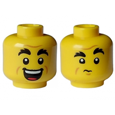 yellow minifigure head dual sided black bushy eyebrows forehead and cheek lines open mouth grin with teeth closed mouth chin dimple pattern