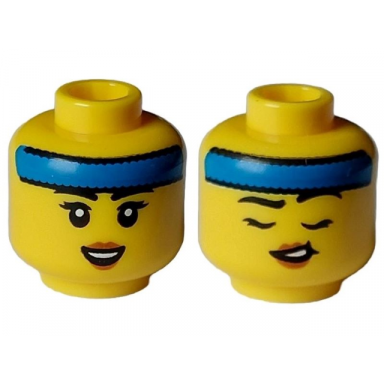 yellow minifigure head dual sided female black eyebrows and eyelashes blue headband open smile closed eyes lopsided open mouth pattern