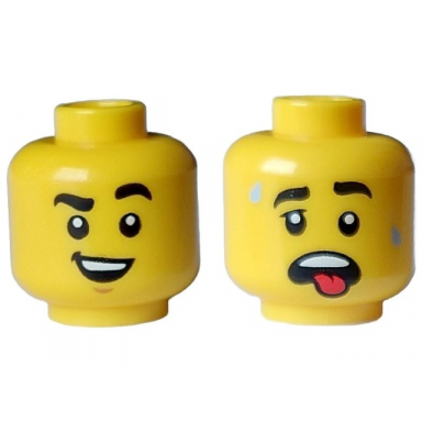 yellow minifigure head dual sided black eyebrows smile with teeth chin dimple open mouth red tongue sweat drops pattern