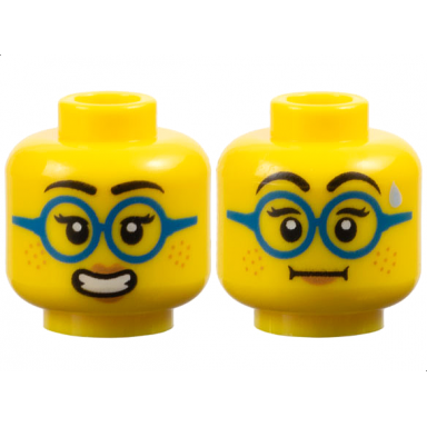 yellow minifigure head dual sided female black eyebrows eyelashes dark azure glasses nougat freckles and lips open mouth smile with teeth neutral with sweat drop pattern