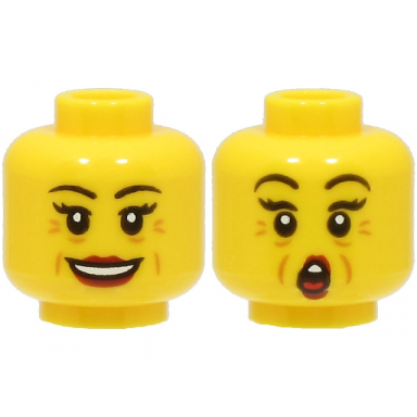 yellow minifigure head dual sided female black eyebrows dark red lips nougat wrinkles open mouth smile surprised pattern