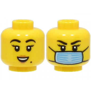 yellow minifigure head dual sided female black eyebrows nougat lips beauty mark open mouth smile bright light blue surgical mask pattern