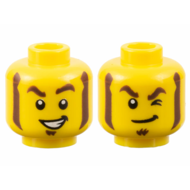 yellow minifigure head dual sided thick dark brown eyebrows mutton chops and soul patch lopsided open mouth smile with teeth lopsided grin and wink pattern