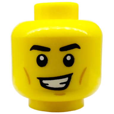 yellow minifigure head black eyebrows medium nougat chin dimple and cheek lines lopsided open mouth smile with teeth pattern
