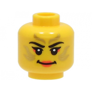 yellow minifigure head female black eyebrows gold stripes face paint coral lips and eye shadow smile pattern bam