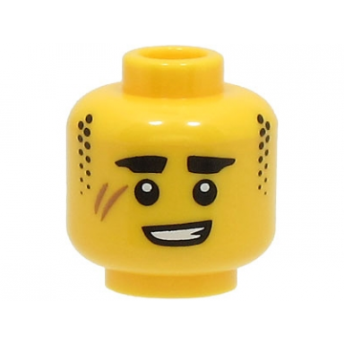 yellow minifigure head black thick eyebrows and stubble sideburns medium nougat scar lopsided open mouth smile with teeth pattern bam