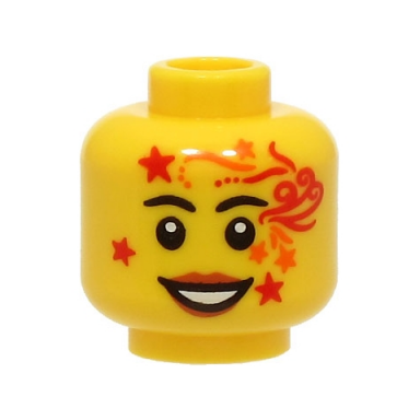 yellow minifigure head female black eyebrows dark orange lips red and orange face paint with stars and lines open mouth smile with teeth pattern