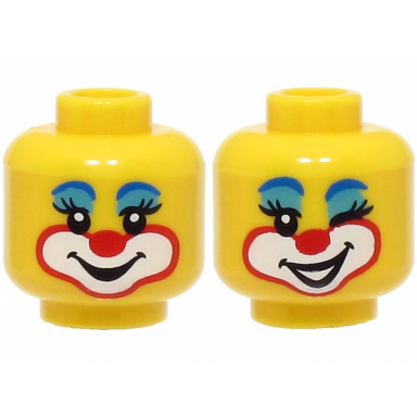 yellow minifigure head dual sided female clown blue eyebrows medium azure eye shadow red nose smile open mouth and wink pattern bam
