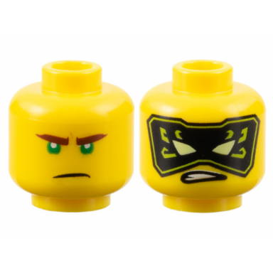 yellow minifigure head dual sided reddish brown eyebrows green eyes frown black and lime mask with yellowish green eyes pattern