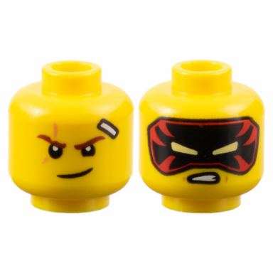 yellow minifigure head dual sided reddish brown eyebrows scar bandage lopsided grin black and red mask with bright light yellow eyes scowl pattern