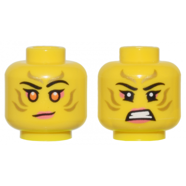 yellow minifigure head dual sided female gold stripes face paint coral lips and eye shadow orange eyes lopsided grin bared teeth pattern