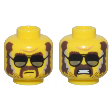 yellow minifigure head dual sided dark brown eyebrows sideburns moustache and stubble black and silver glasses closed mouth open mouth scowl pattern