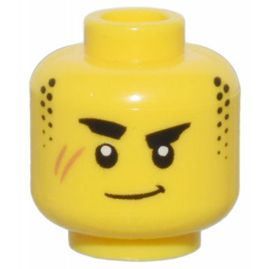 yellow minifigure head thick black eyebrows stubble sideburns medium nougat scar and closed mouth lopsided grin pattern