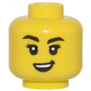 yellow minifigure head female black eyebrows one raised white pupils and open mouth crooked smile pattern