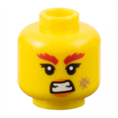 yellow minifigure head female red bushy eyebrows orange lips dark tan scuff mark and bared teeth pattern