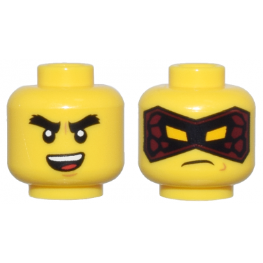 yellow minifigure head dual sided thick black eyebrows open mouth smile with top teeth and tongue black and dark red mask frown pattern