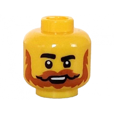 yellow minifigure head black eyebrows dark orange beard and moustache open mouth with top teeth pattern