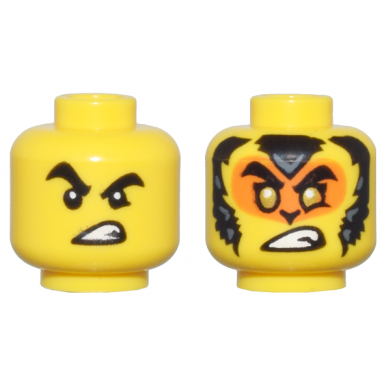 yellow minifigure head dual sided thick black eyebrows open mouth scowl orange face black and dark bluish gray fur and gold eyes pattern