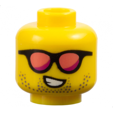yellow minifigure head black sunglasses with coral and magenta lenses dark tan beard stubble lopsided open mouth smile with teeth pattern