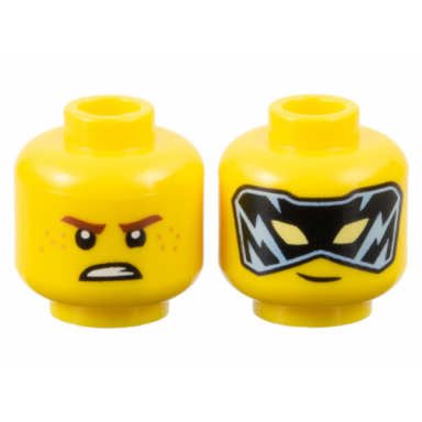 yellow minifigure head dual sided reddish brown eyebrows medium nougat freckles scowl black and bright light blue mask with bright light yellow eyes pattern