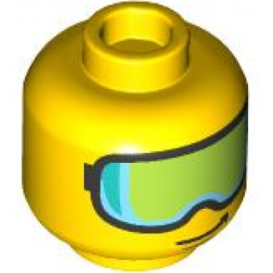 yellow minifigure head glasses with lime ski goggles with dark turquoise and medium azure highlights medium nougat chin dimple smirk pattern