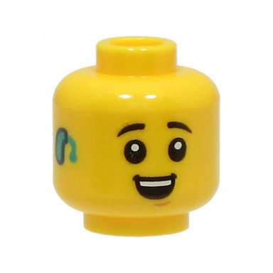yellow minifigure head black eyebrows medium nougat chin dimple open mouth smile with teeth dark turquoise hearing aid pattern