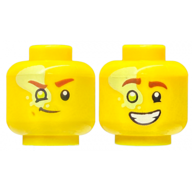 yellow minifigure head dual sided reddish brown eyebrows lime right eye with yellowish green splotch smirk open mouth smile with teeth pattern