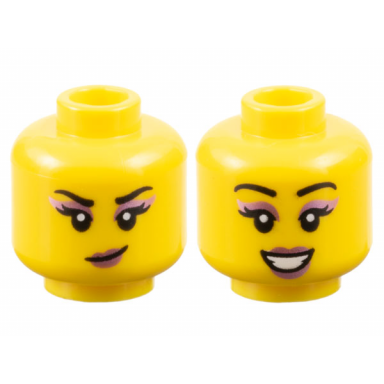 yellow minifigure head dual sided female black eyebrows and eyelashes metallic pink eye shadow and lips smirk open mouth smile with teeth pattern