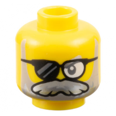 yellow minifigure head dark bluish gray eye black sunglasses with clear left lens light bluish gray and silver beard and moustache pattern
