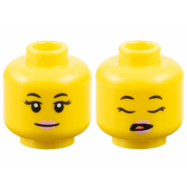 yellow minifigure head dual sided female black eyebrows and eyelashes bright pink lips grin open mouth with coral tongue sleeping pattern