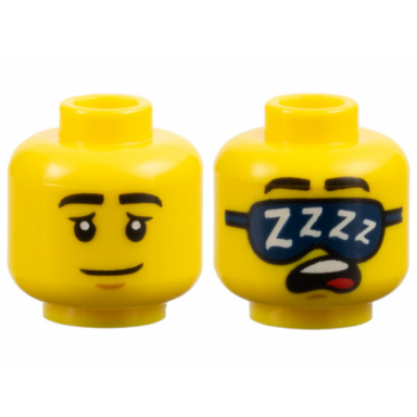 yellow minifigure head dual sided black eyebrows medium nougat chin dimple neutral with eyelids sleeping with open mouth dark blue sleep mask with white zzzz pattern
