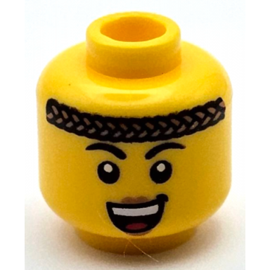 yellow minifigure head female black eyebrows dark tan braided headband nougat lips open mouth smile with top teeth and red tongue pattern