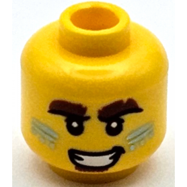 yellow minifigure head dark brown bushy eyebrows and soul patch metallic light blue lines and dots on cheeks open mouth smile with teeth pattern