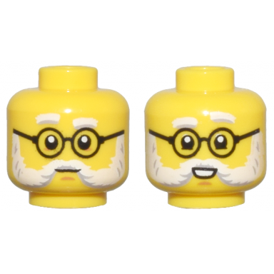 yellow minifigure head dual sided white and light bluish gray eyebrows and beard black round glasses closed mouth open mouth smile pattern