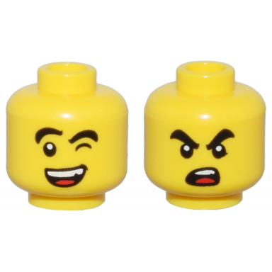 yellow minifigure head dual sided black thick eyebrows wink and open mouth with white teeth and red tongue smile angry open mouth pattern